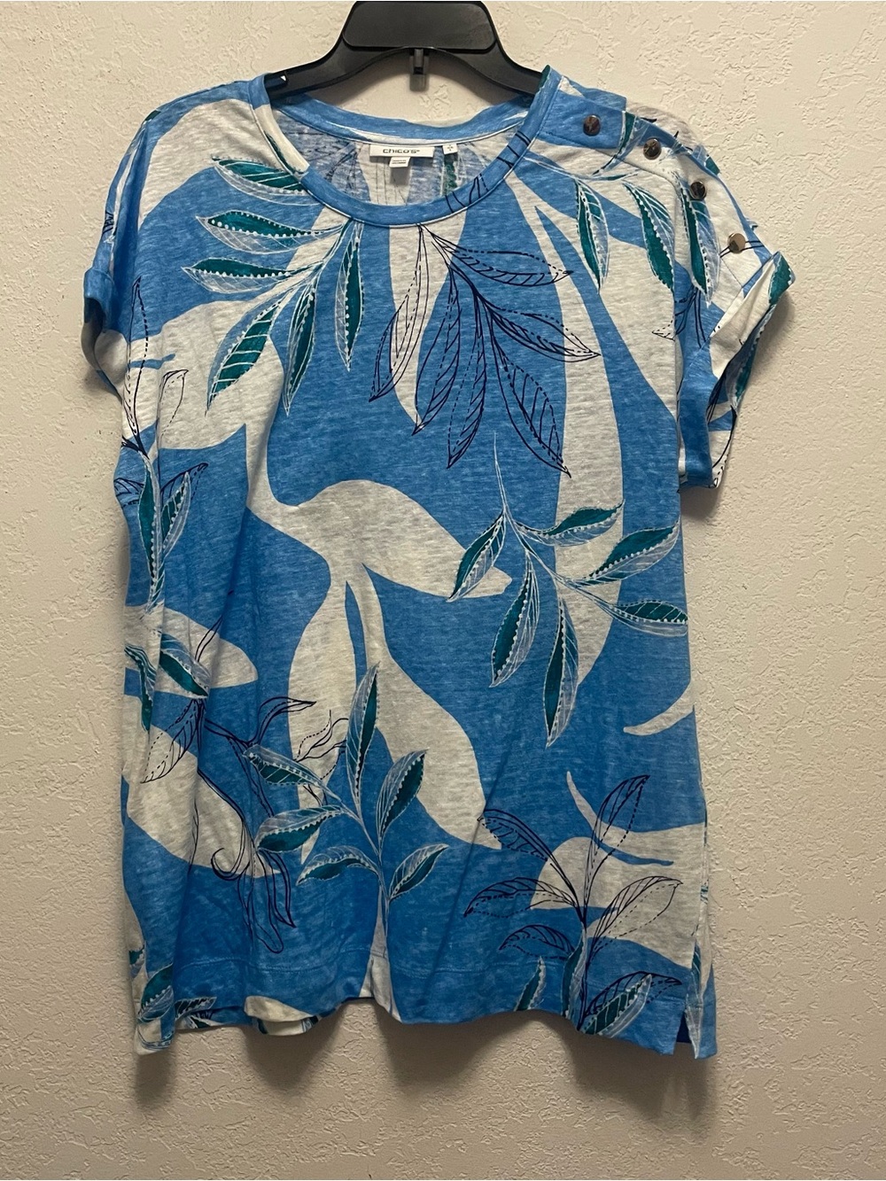 Chico's 2 US L Printed 100% Linen Button Tunic colorway Blue Tide
